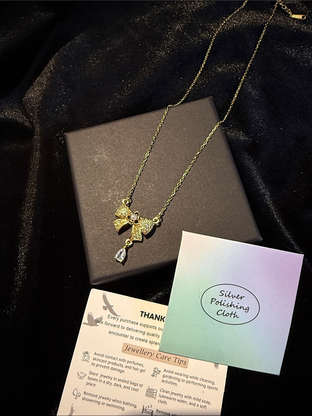 Gold Bow Pendant Necklace with Pearl and Rain Drop
